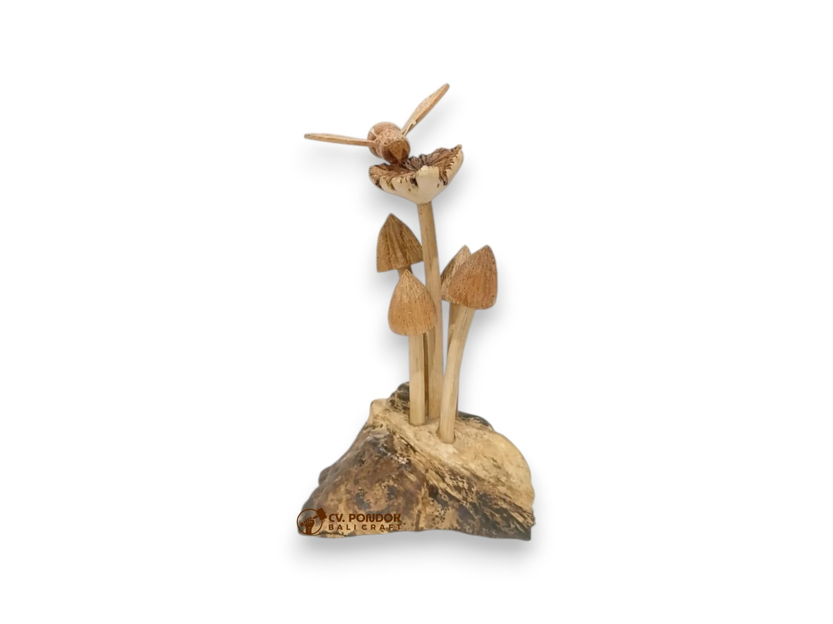Hand-carved wooden bee resting above four mushrooms on a naturally shaped wood base