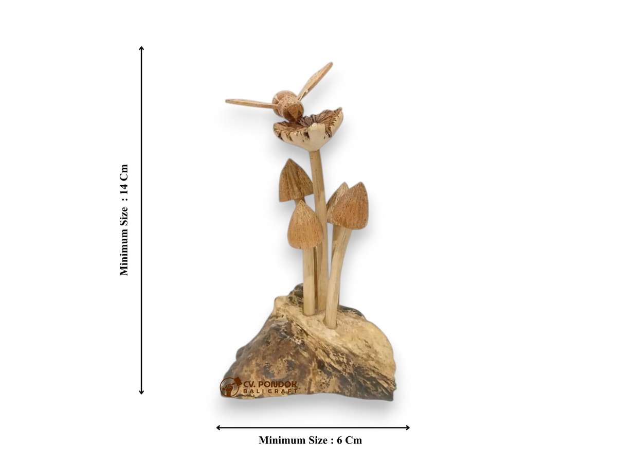 Hand-Carved Wooden Bee with Four Mushrooms Sculpture