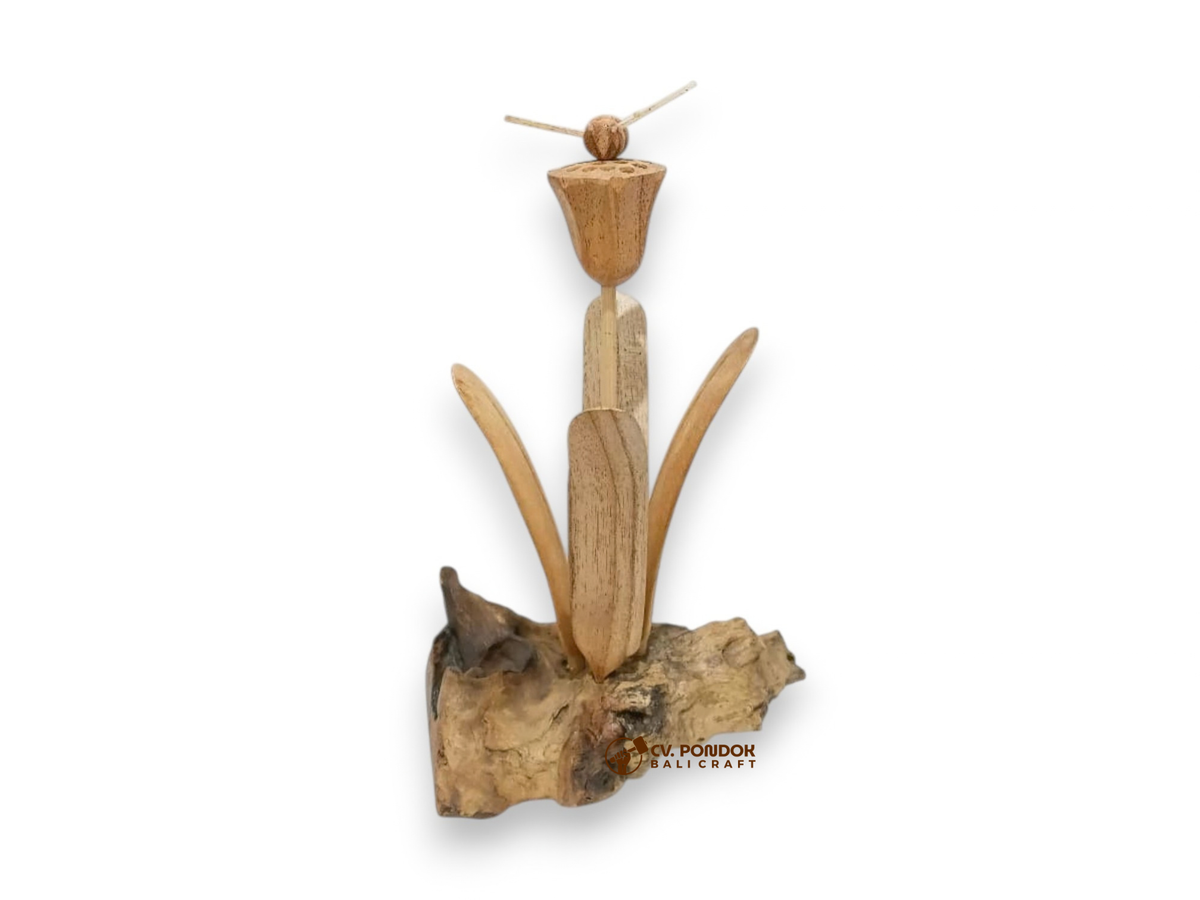 Hand-carved wooden bee perched on a tall flower with four leaves and a naturally shaped wood base
