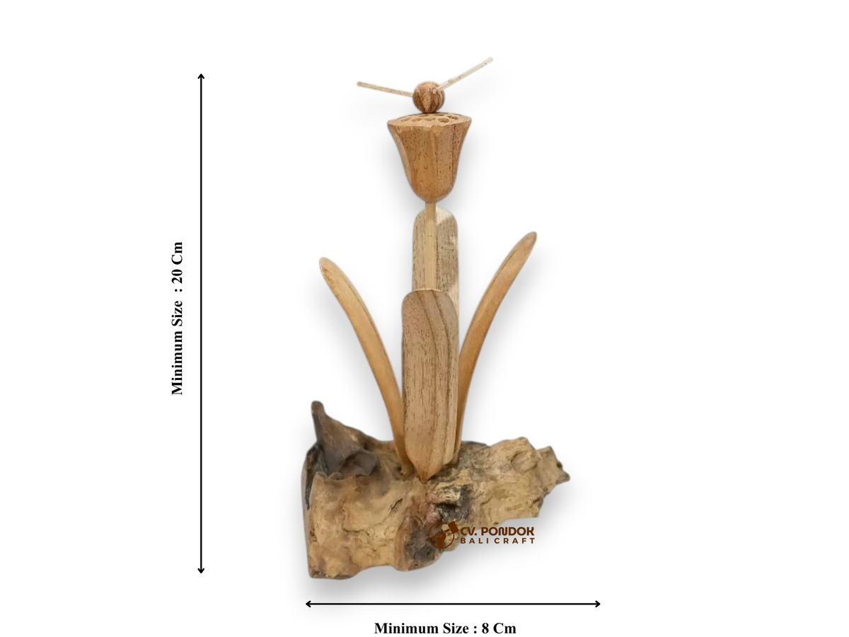 Hand-Carved Wooden Bee on Tall Flower and Leaves Sculpture