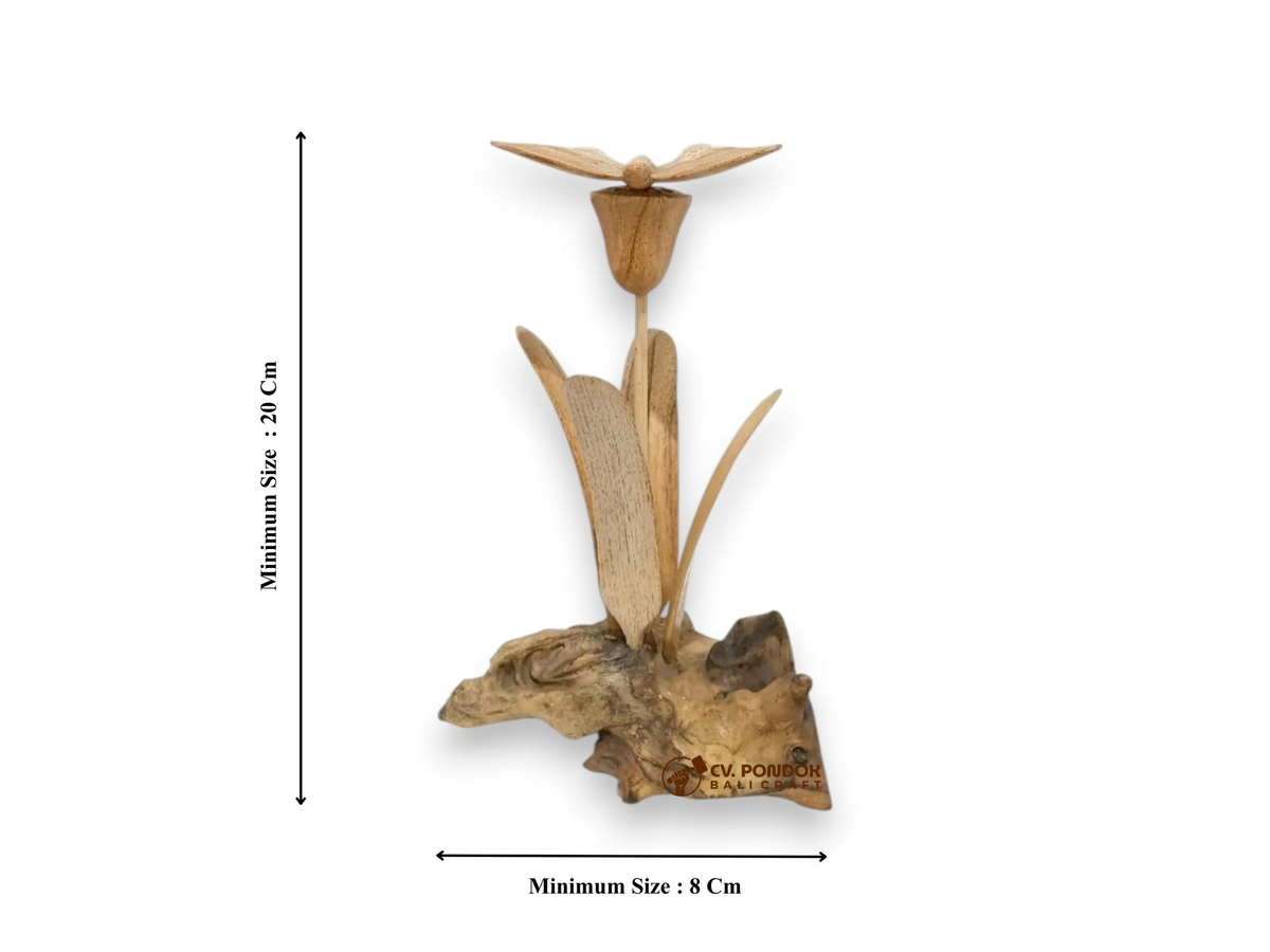 Hand-Carved Wooden Butterfly on Tall Flower with Leaves Sculpture