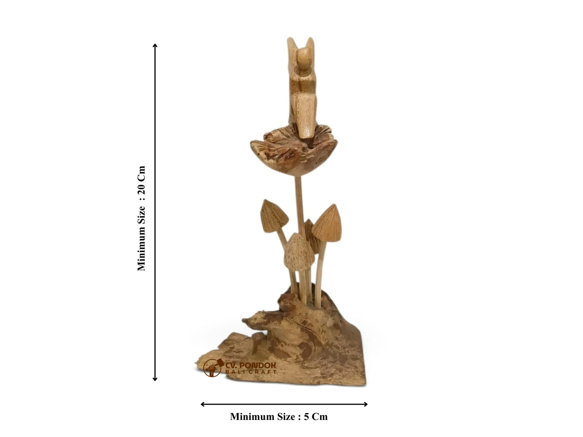 Hand-Carved Wooden Fairy on Flower with Four Mushrooms Sculpture