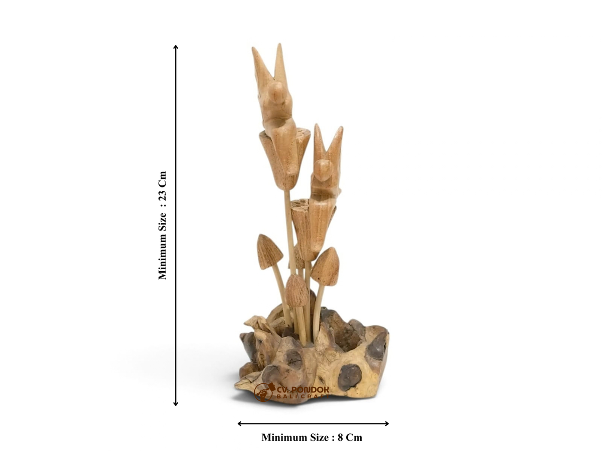 Two Hand-Carved Wooden Fairies on Flowers with Mushroom Sculpture