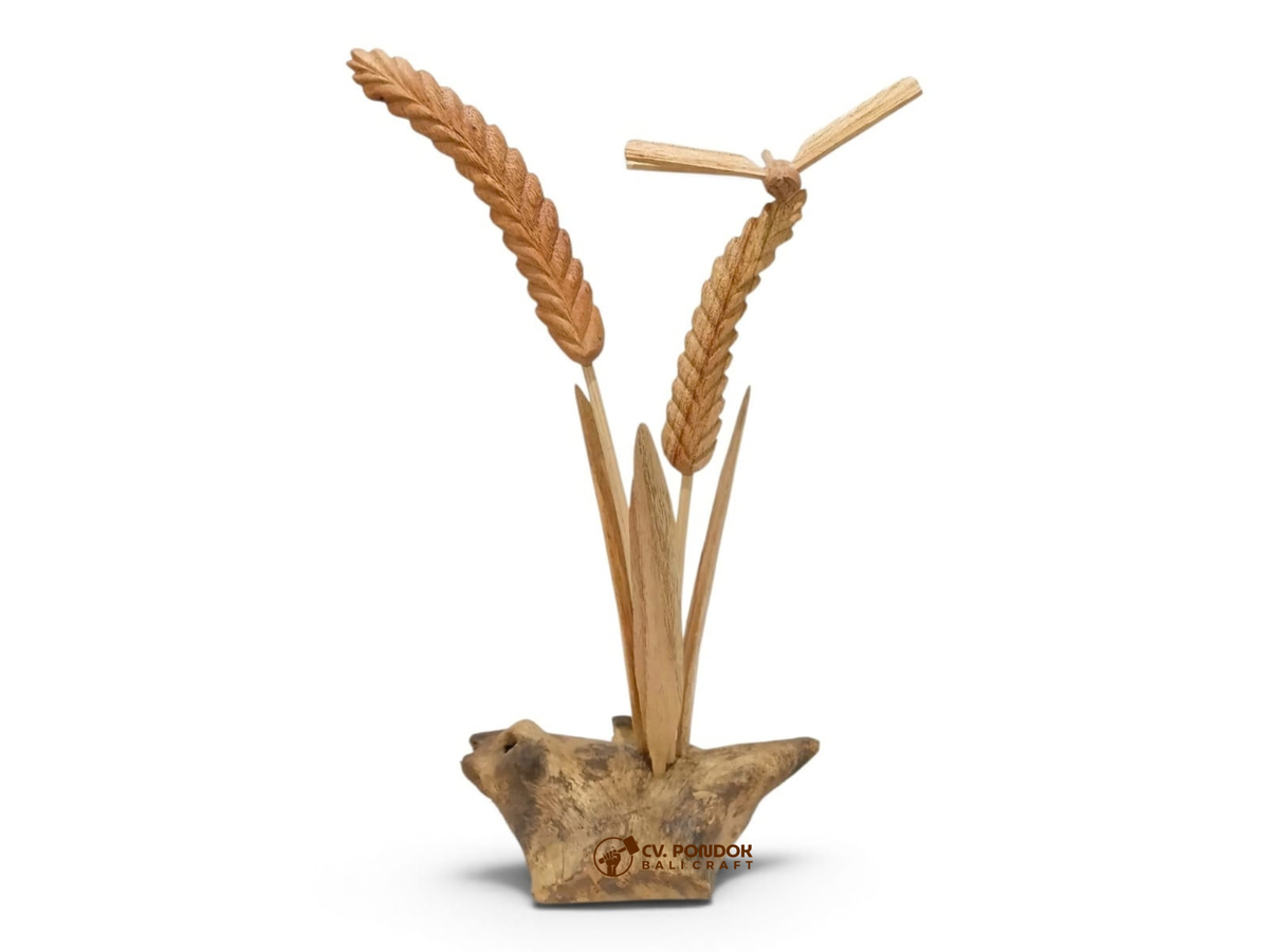 Hand-carved wooden dragonfly and wheat stalk sculpture on a natural wood base, 30 cm tall