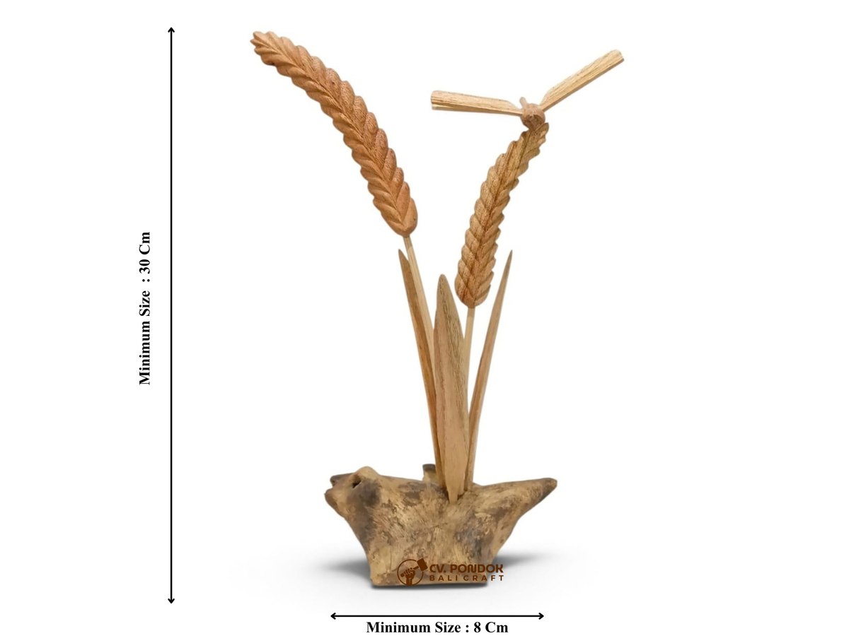 Hand-Carved Wooden Dragonfly and Wheat Sculpture on Natural Wood Base
