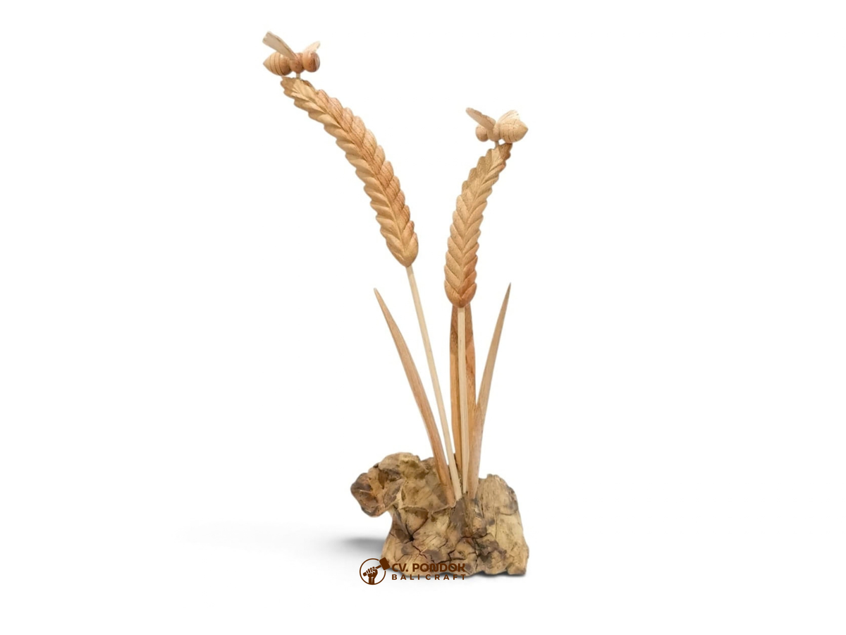 Hand-carved wooden sculpture with two bees on two wheat stalks and a natural wood base, 30 cm tall