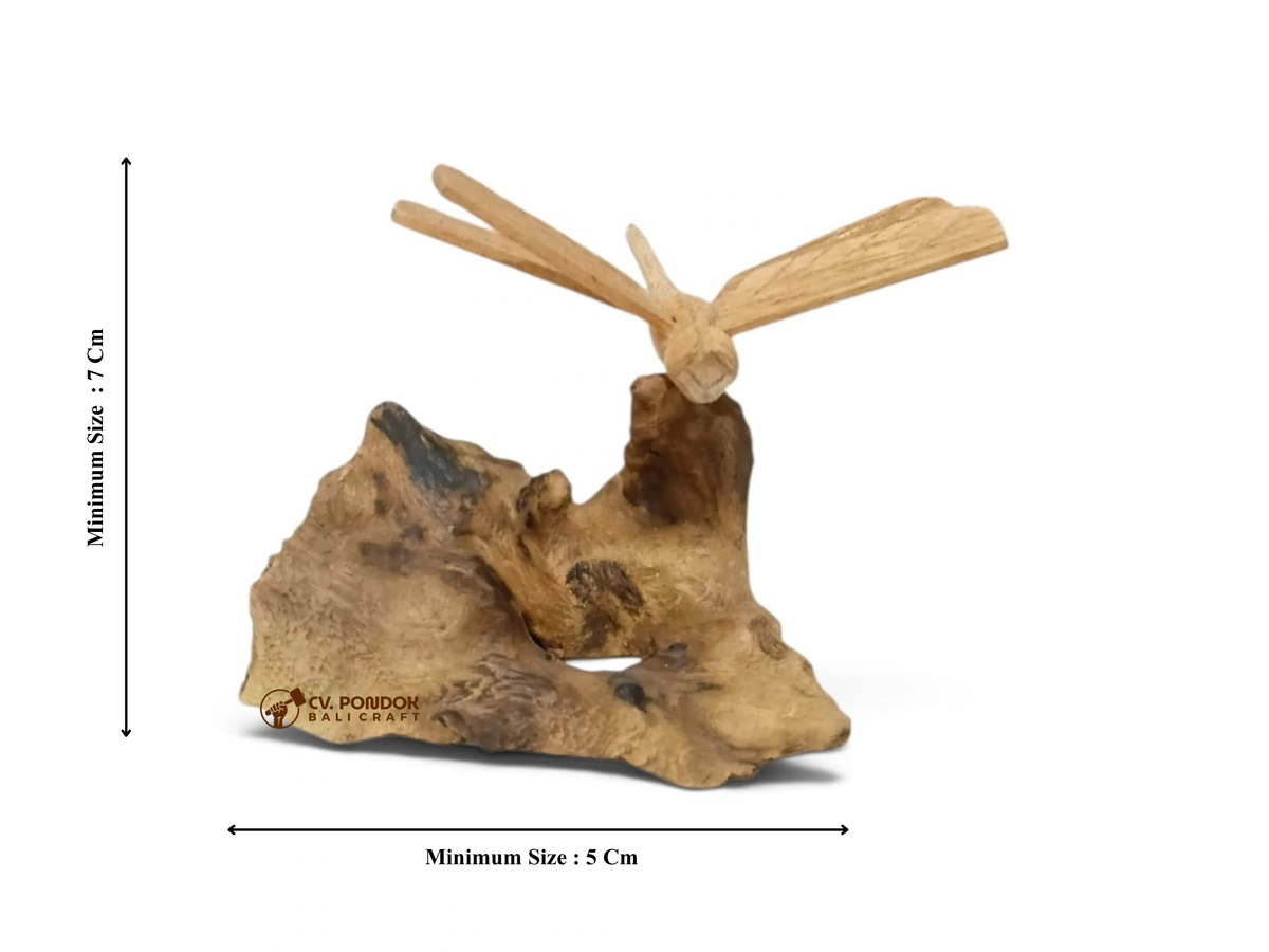 Hand-Carved Wooden Dragonfly Sculpture on Natural Wood Base