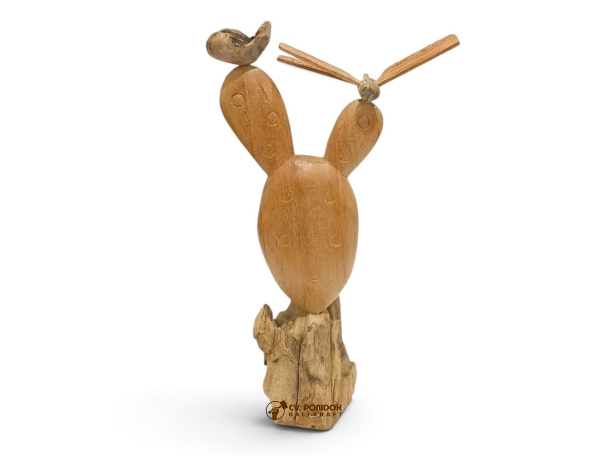 Hand-carved wooden cactus with one dragonfly on a natural wood base, minimum size 18 by 5 cm