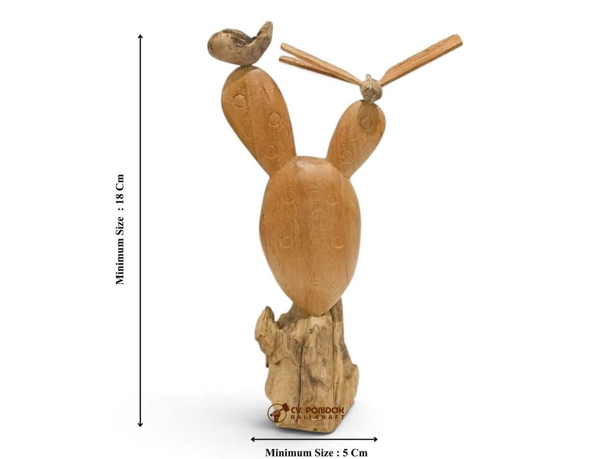 Hand-Carved Wooden Cactus with Dragonfly Sculpture