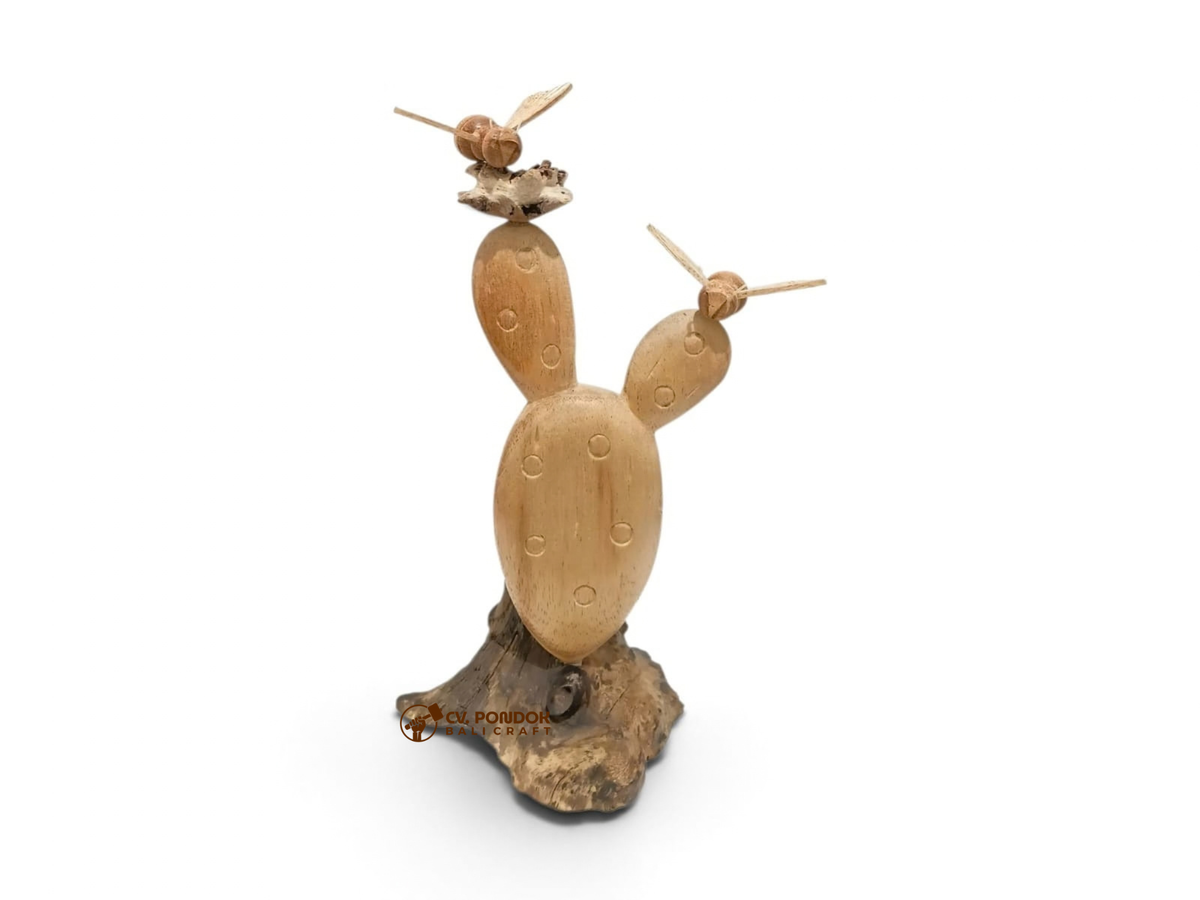 Hand-carved wooden cactus with two bees on a natural wood base, minimum size 18 by 8 cm