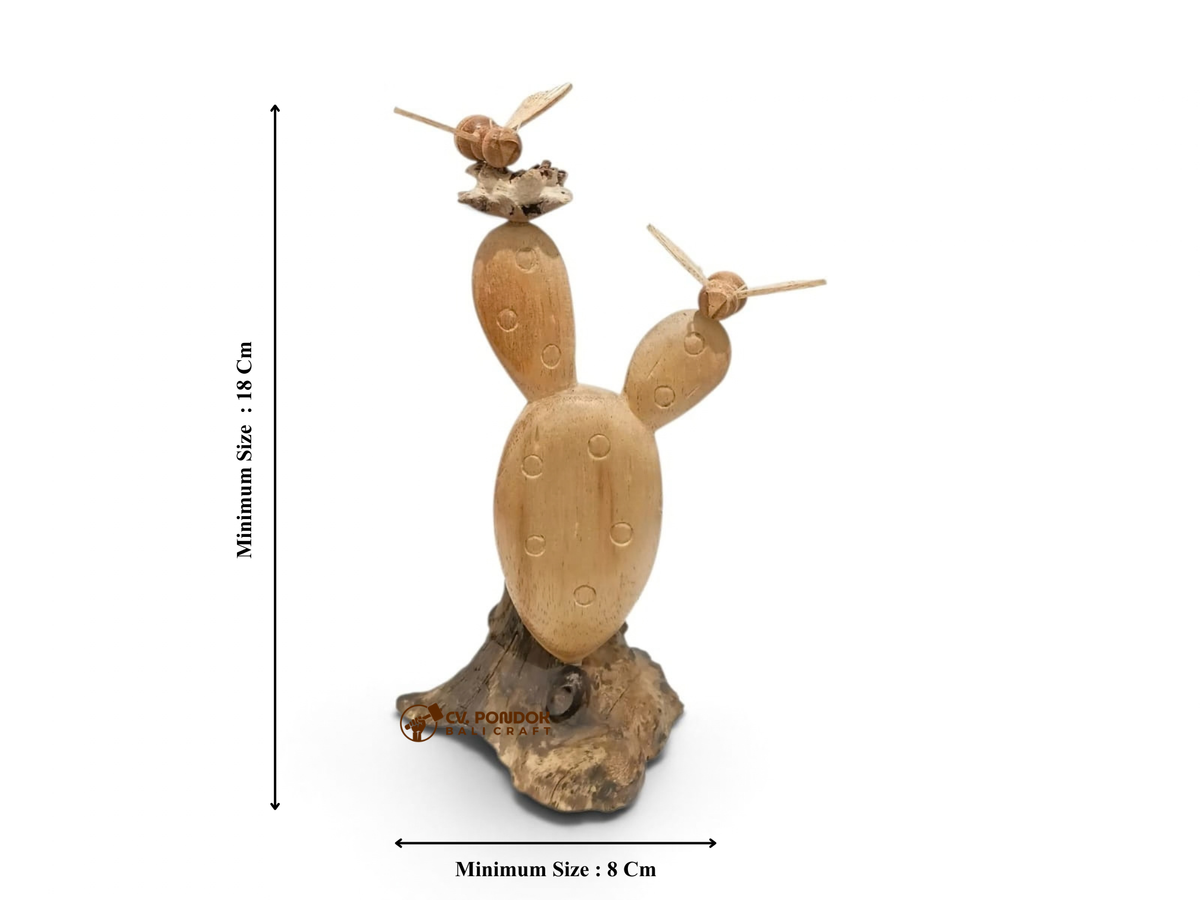 Hand-Carved Wooden Cactus with Two Bees Sculpture