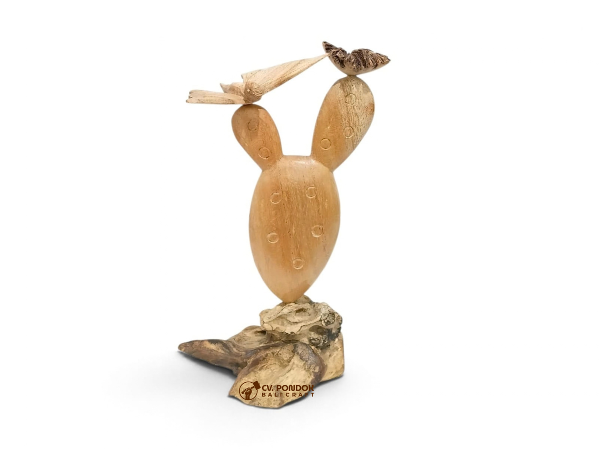 Hand-carved wooden cactus with one butterfly and flower on a natural wood base, minimum size 18 by 6 cm