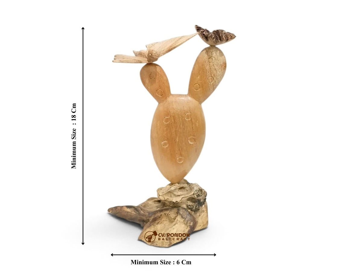 Hand-Carved Wooden Cactus with Butterfly and Flower Sculpture
