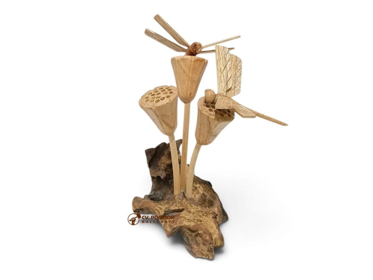 Hand-carved wooden sculpture with three lotus seed pods and two dragonflies on a natural wood base, minimum size 17 by 5 cm