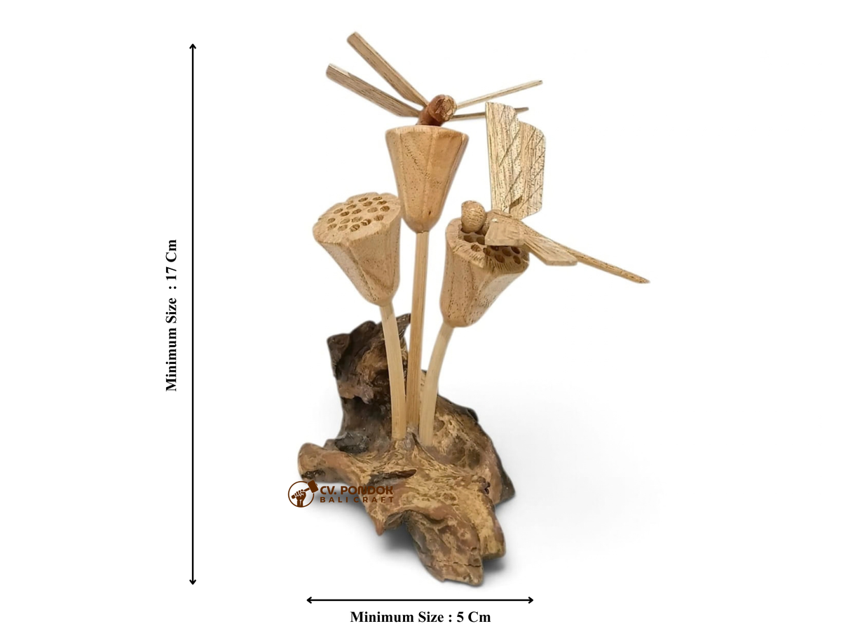 Hand-Carved Wooden Lotus Seed Pods with Two Dragonflies Sculpture