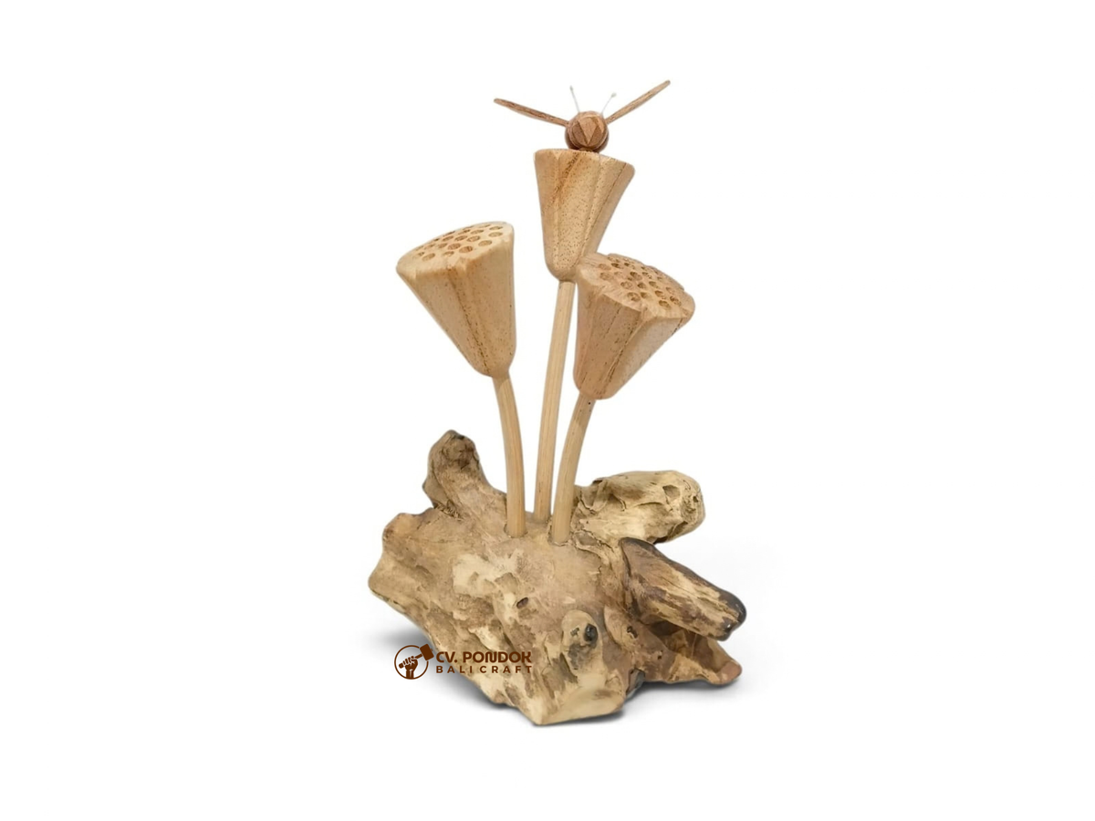 Hand-carved wooden sculpture with three lotus seed pods and one bee on a natural wood base, minimum size 15 by 5 cm
