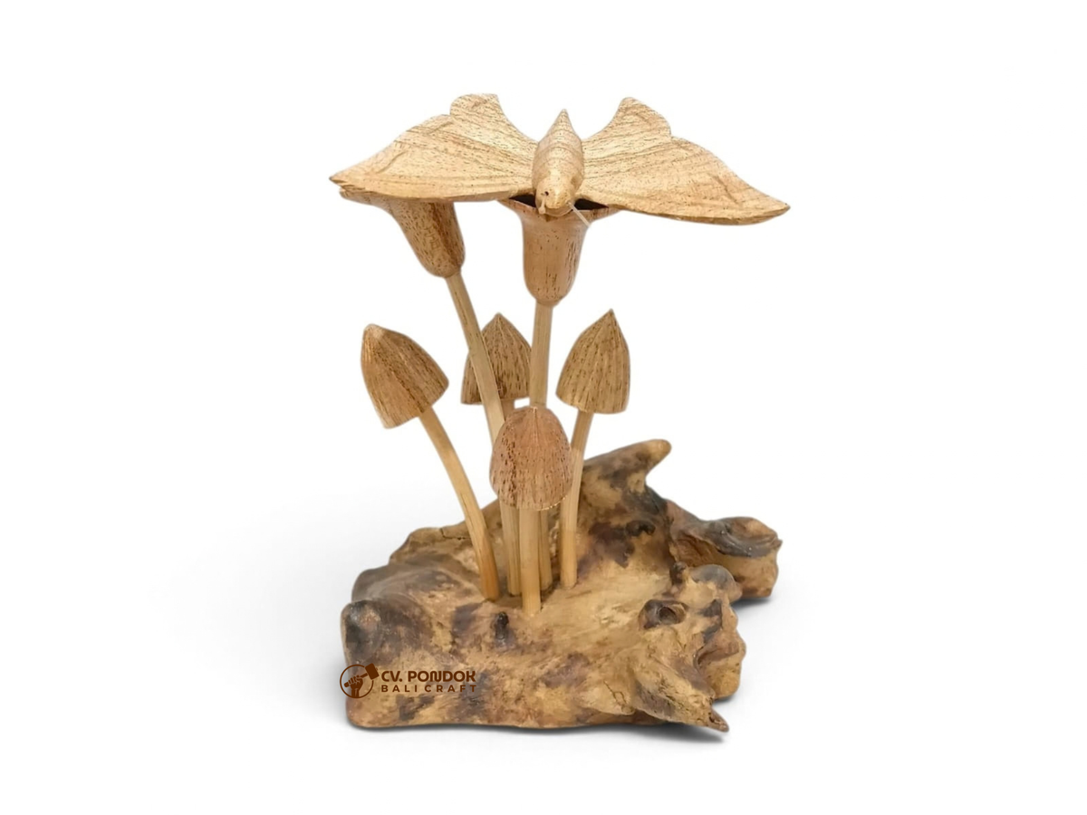 Hand-carved wooden butterfly above a mushroom cluster on a natural wood base, minimum size 13 by 5 cm