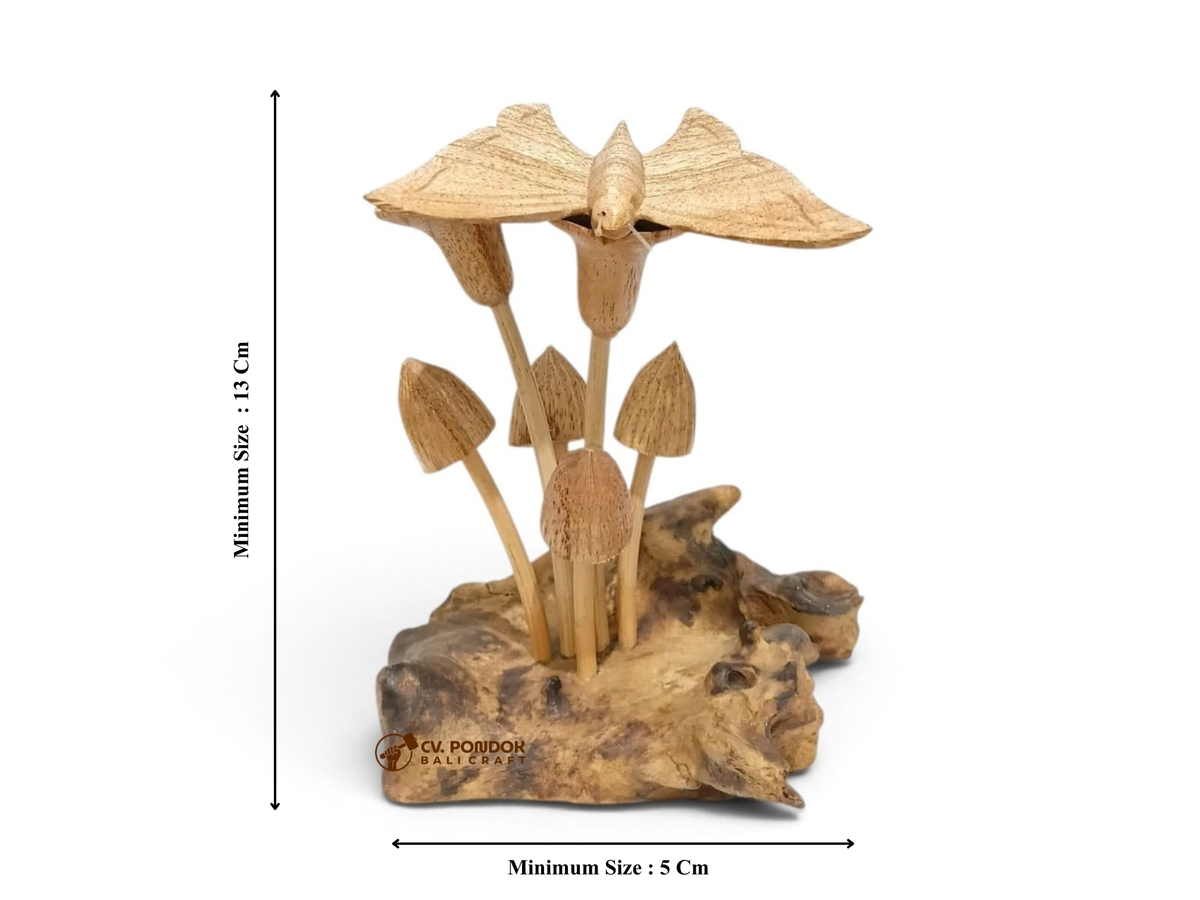 Hand-Carved Wooden Butterfly and Mushroom Cluster Sculpture