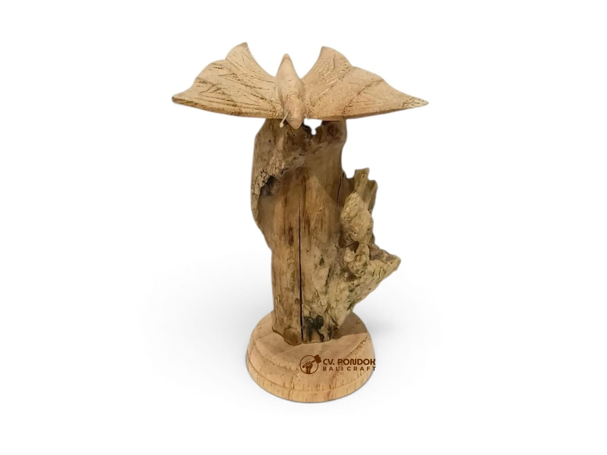 Hand-carved wooden butterfly with open wings on a natural wood trunk and round base, minimum size 11 by 9 cm