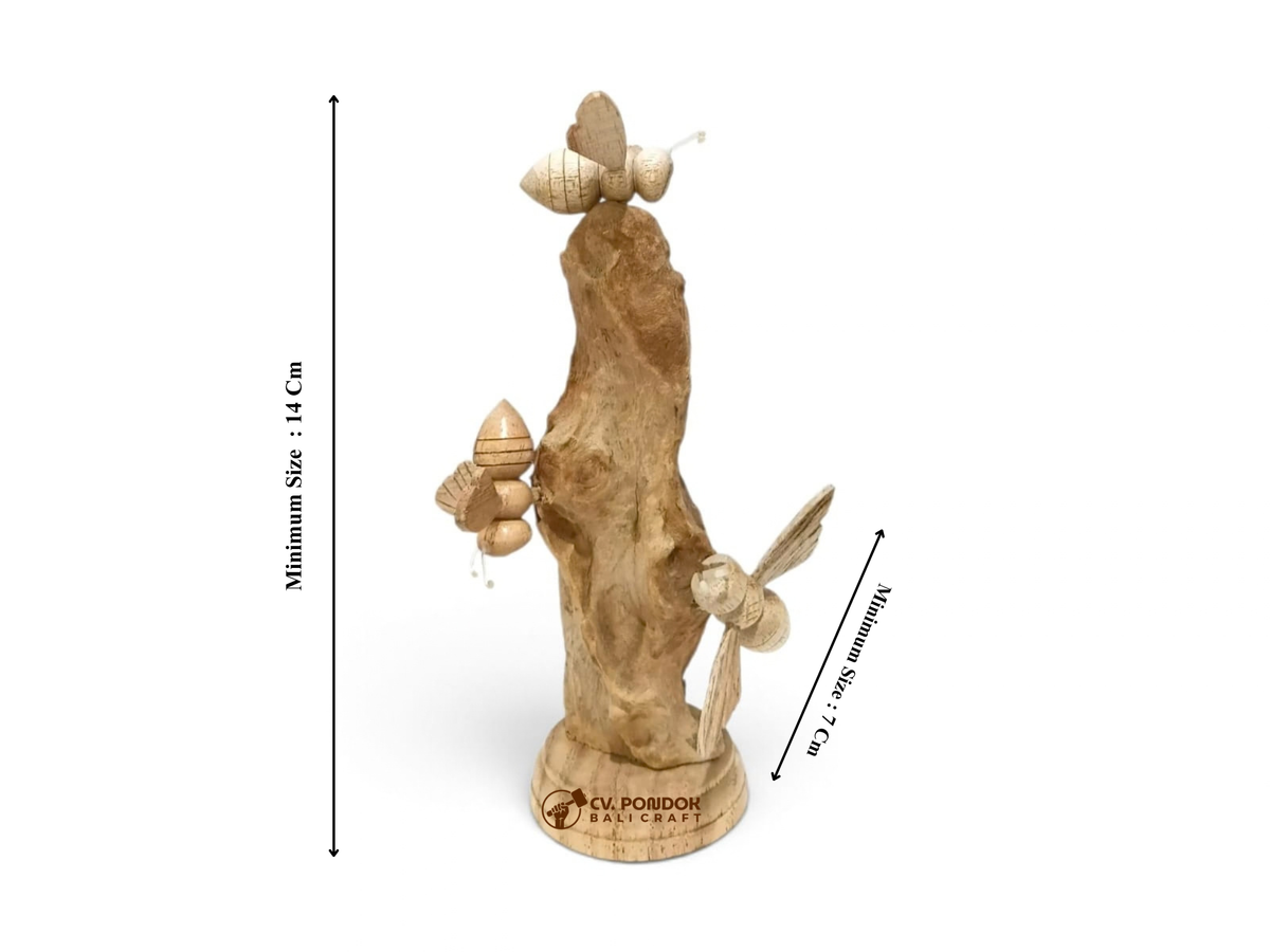 Hand-Carved Wooden Three Bees Sculpture on Natural Wood Stand