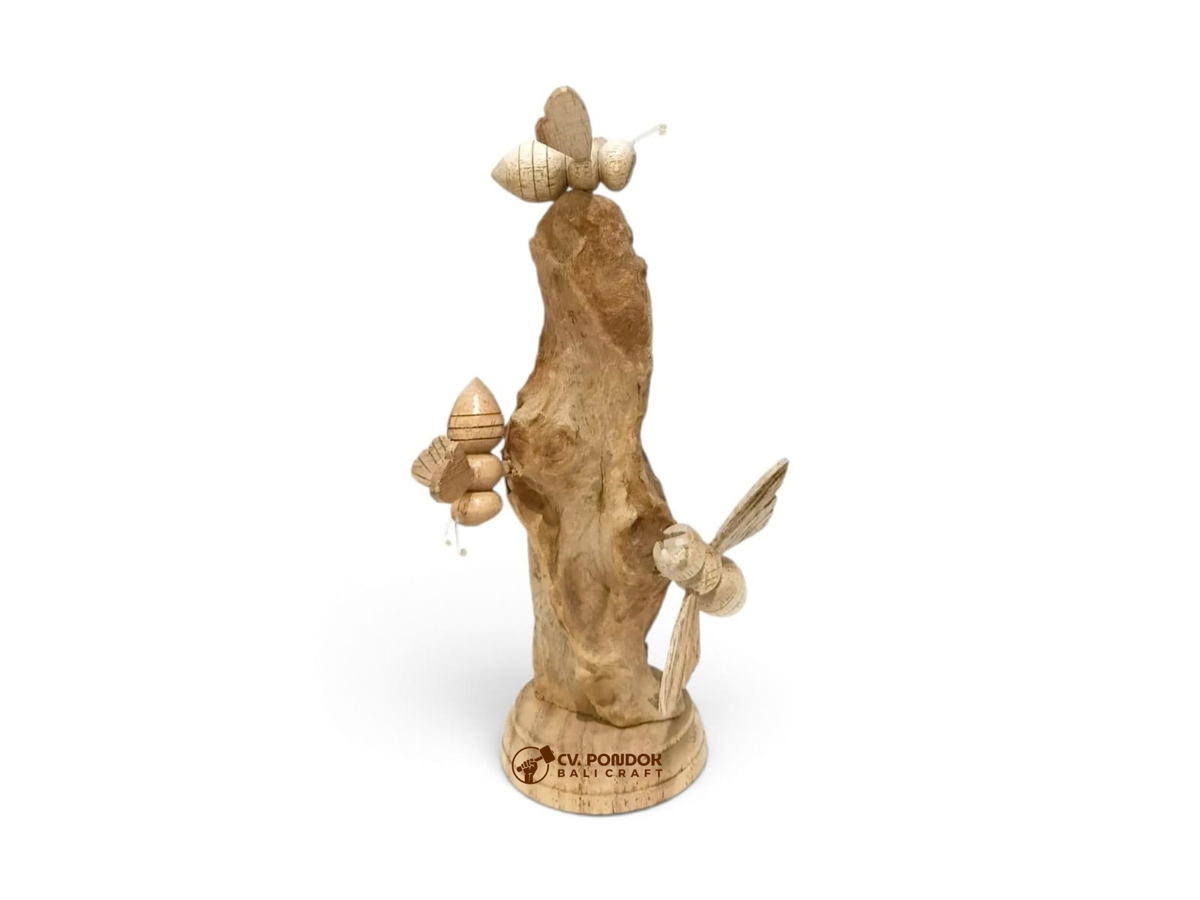 Hand-carved wooden sculpture of three bees on a natural wood trunk, minimum 14 cm high and 7 cm wide