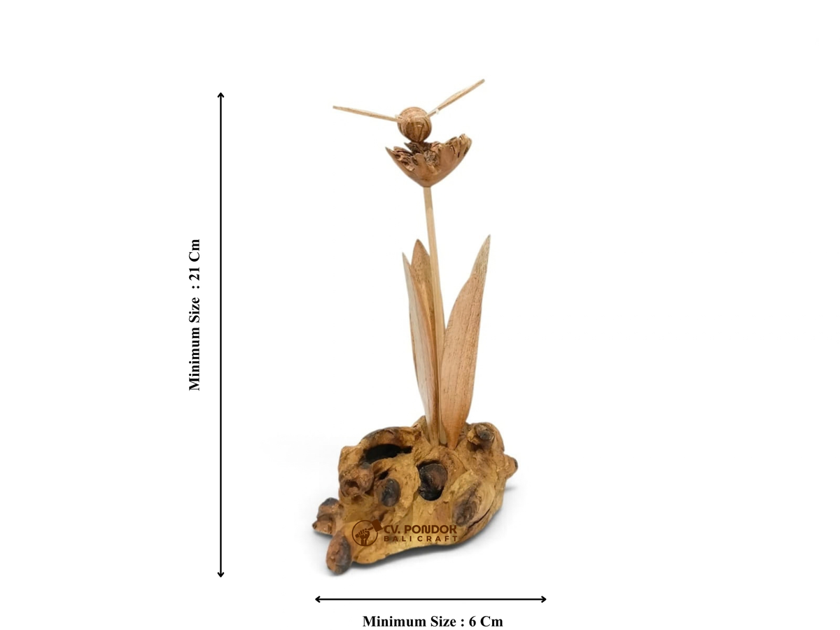 Hand-Carved Wooden Bee on Flower Sculpture with Natural Wood Base