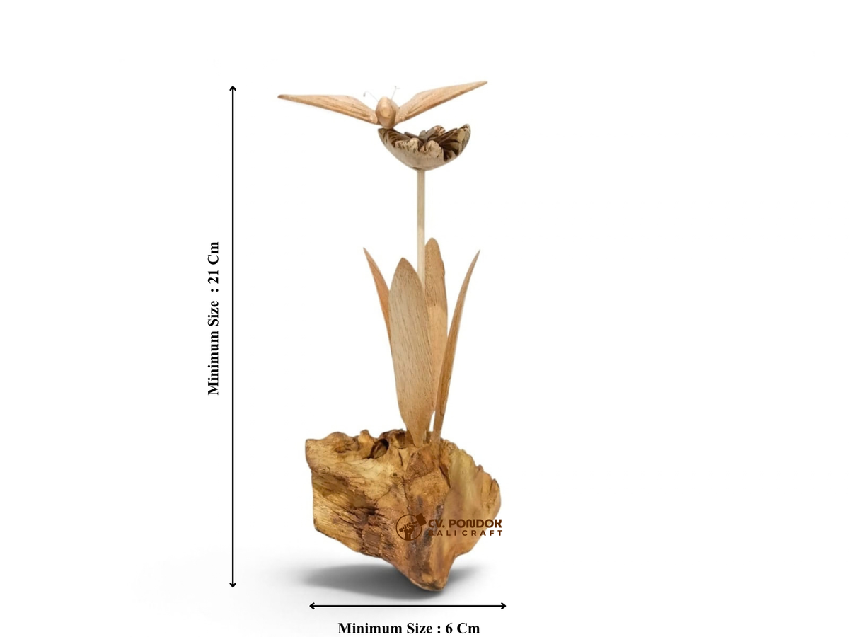 Hand-Carved Wooden Butterfly on Flower Sculpture with Natural Wood Base