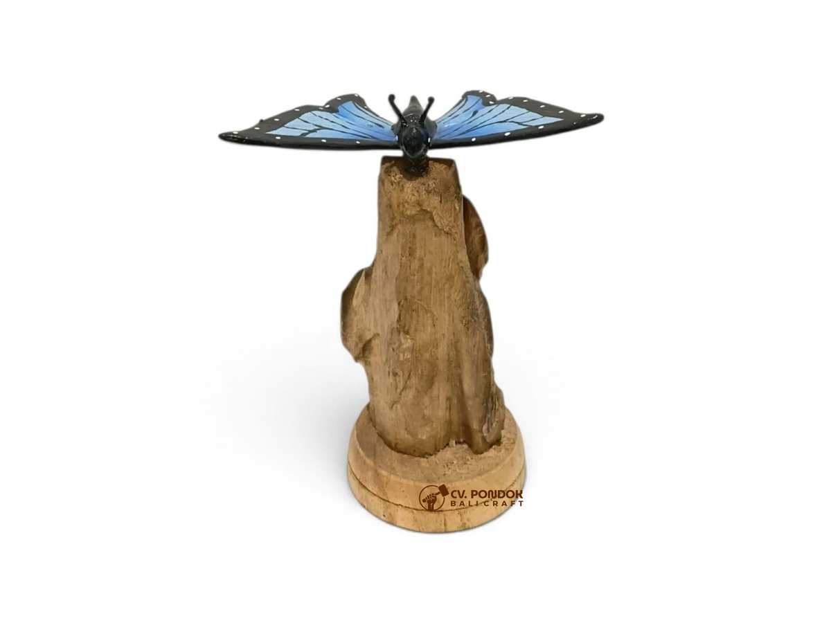 Hand-painted blue and black wooden butterfly with open wings on a natural wood stand, minimum 10 cm high and 10 cm wide