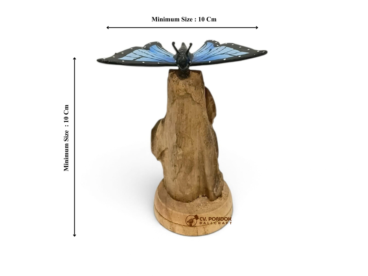 Hand-Painted Blue Wooden Butterfly Sculpture on Natural Wood Stand