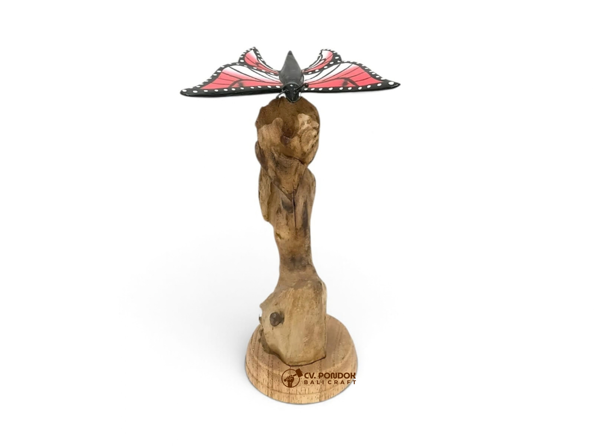 Hand-painted red, black, and white wooden butterfly with open wings on a natural wood stand, minimum 10 cm high and 10 cm wide