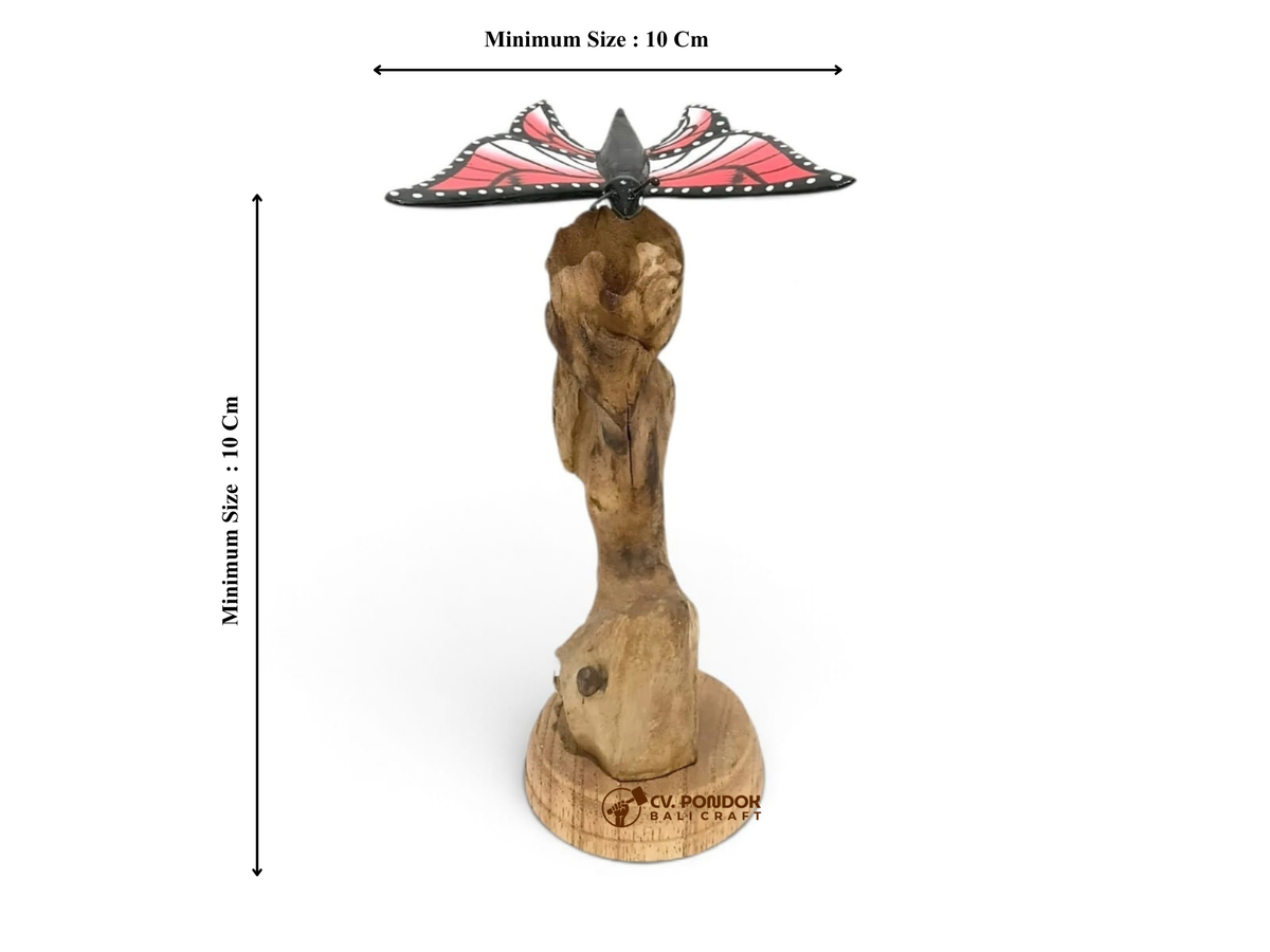 Hand-Painted Red Wooden Butterfly Sculpture on Natural Wood Stand