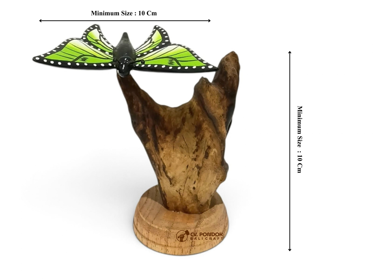 Hand-Painted Green Wooden Butterfly Sculpture on Natural Wood Stand