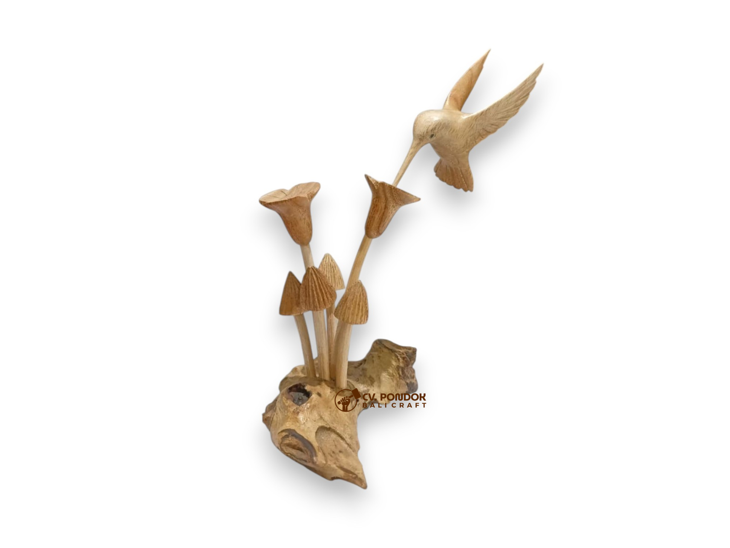 Hand-carved wooden hummingbird with flowers and mushrooms on rootwood, minimum 22 cm tall