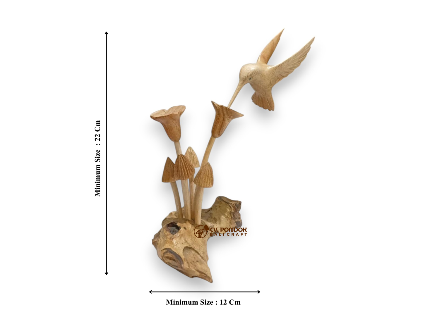 Hand Carved Wooden Hummingbird with Flowers and Mushrooms