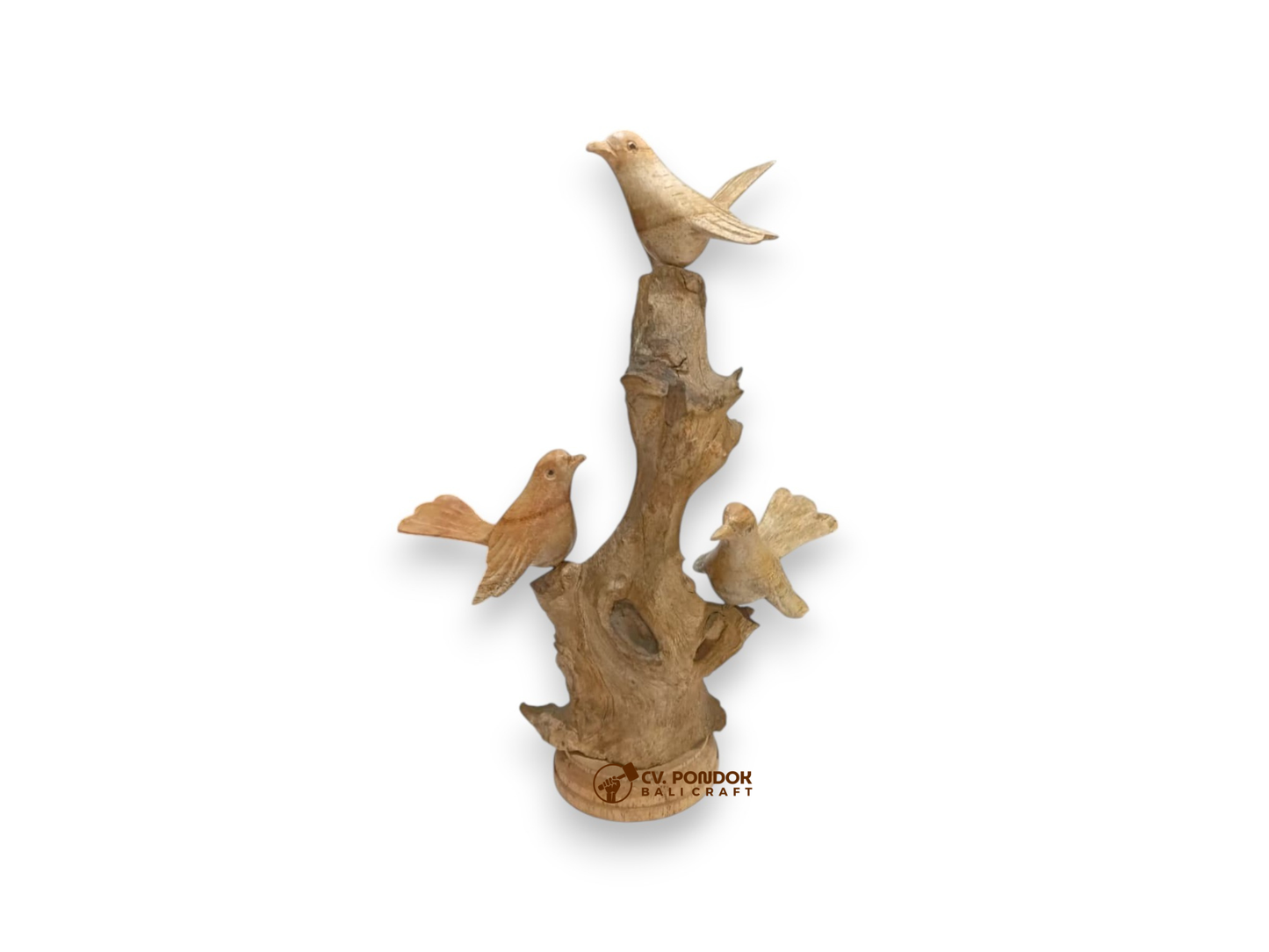 Three hand-carved wooden birds on natural rootwood base, minimum 18 cm tall and 9 cm wide
