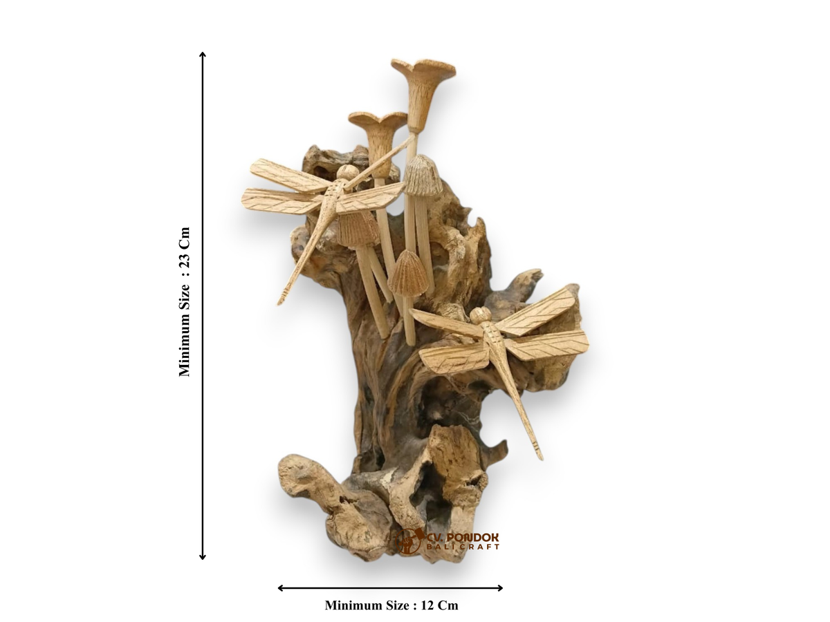 Two Hand Carved Wooden Dragonflies and Mushrooms on Natural Rootwood Sculpture