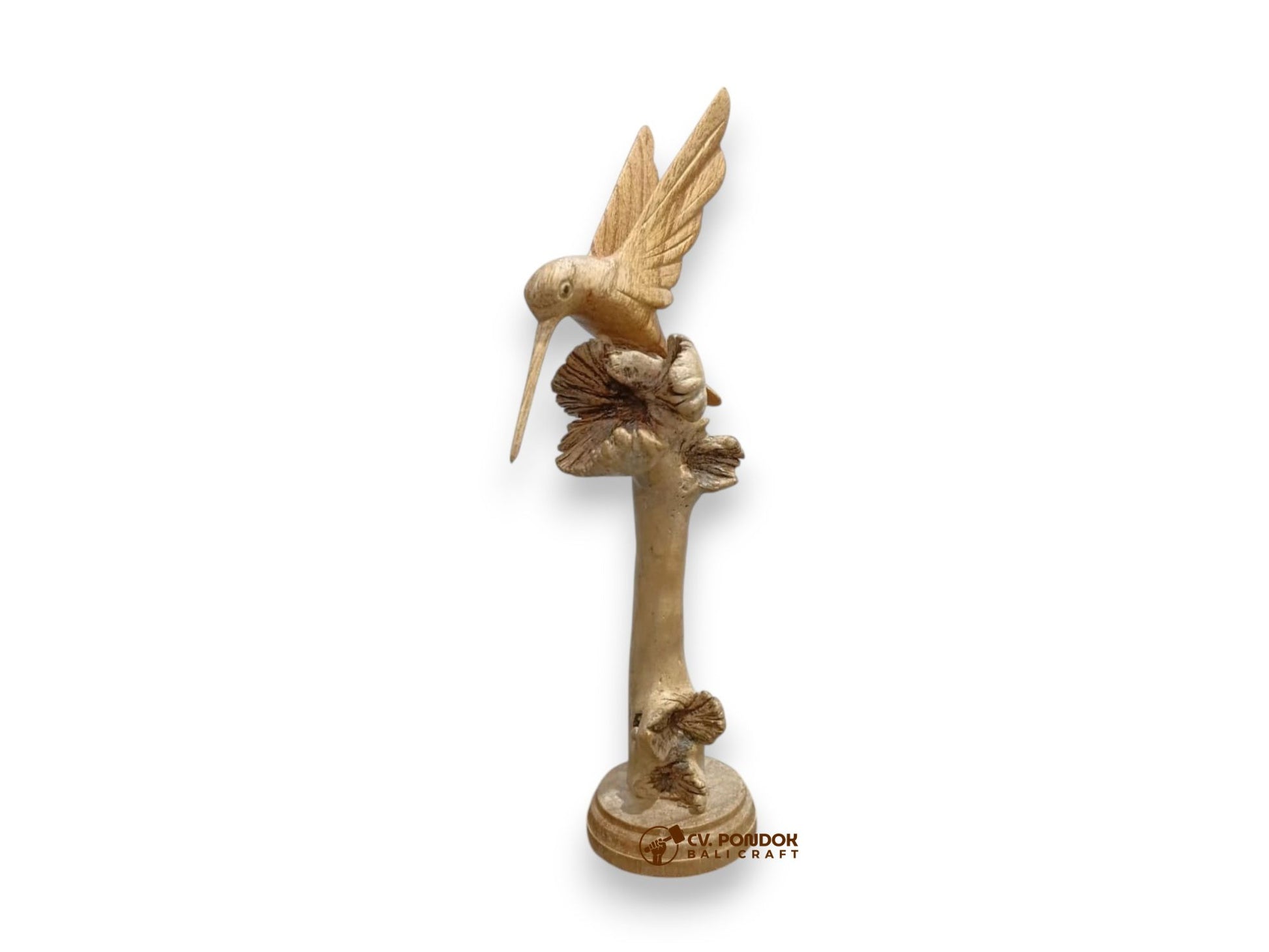 Hand-carved wooden hummingbird hovering above flowers, minimum 18 cm tall