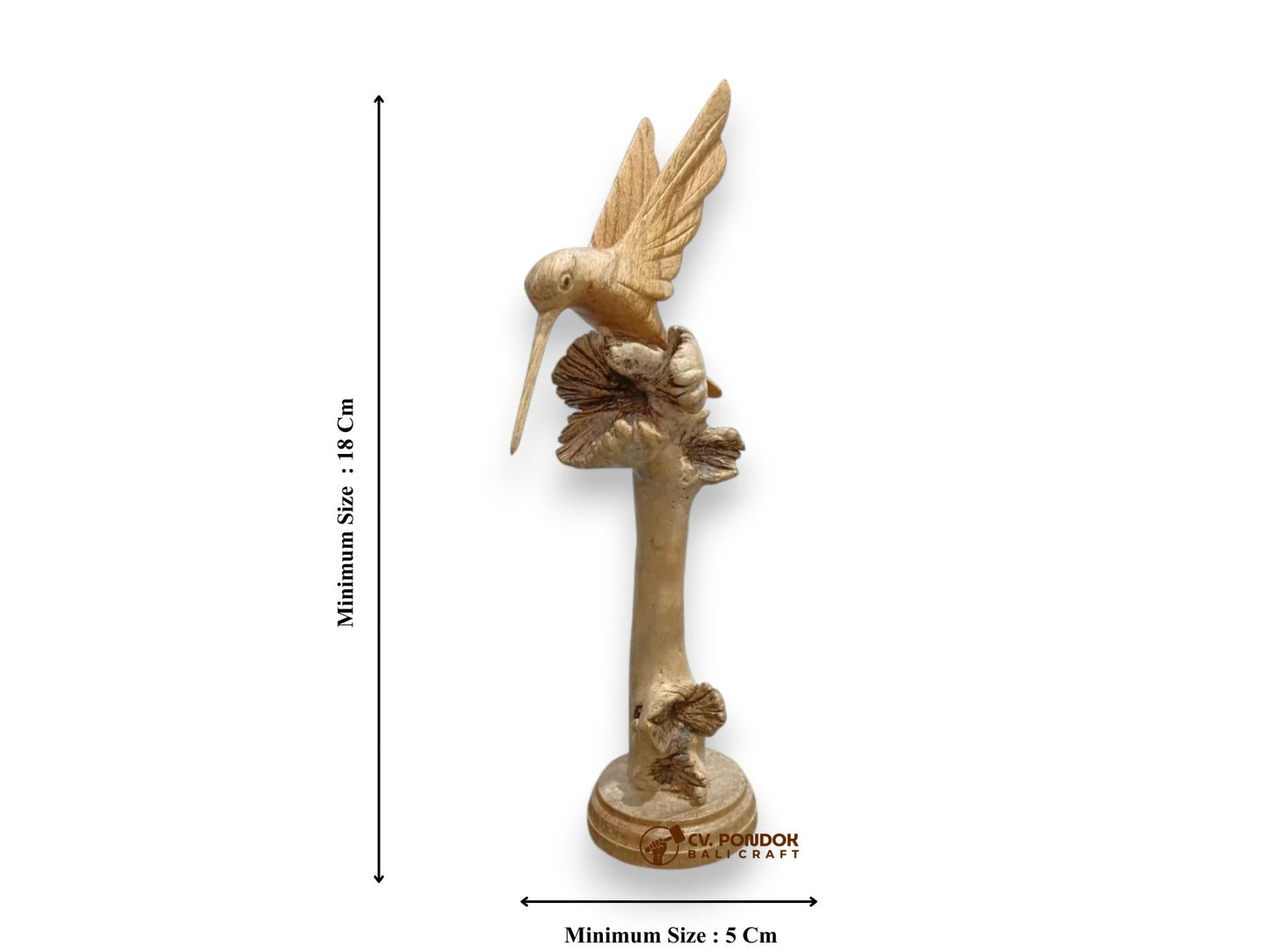 Hand Carved Wooden Hummingbird and Flowers Sculpture