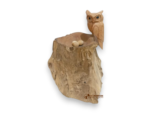 Hand-carved wooden owl with nest and three eggs on rootwood, minimum 14 cm tall