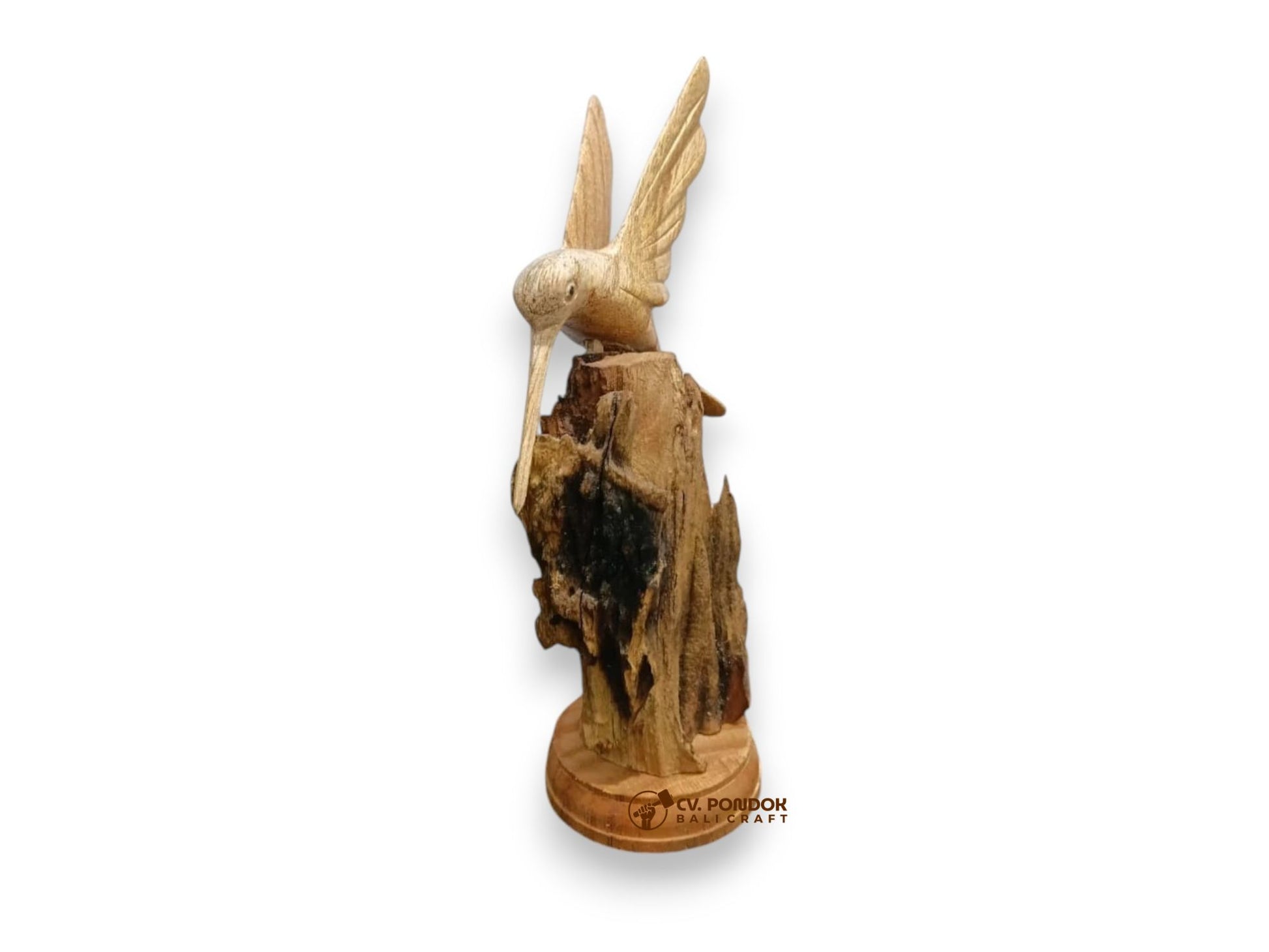 Hand-carved wooden hummingbird on natural rootwood base, minimum 17 cm tall