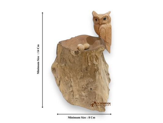 Hand Carved Wooden Owl with Nest and Three Eggs Sculpture
