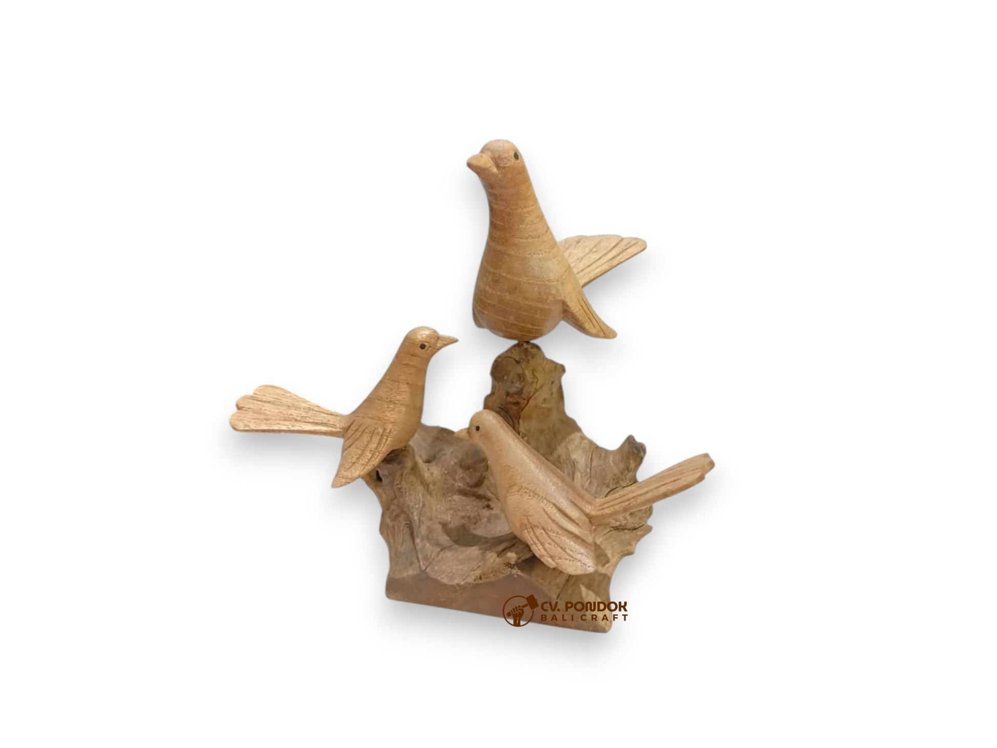 Hand-carved wooden bird family of three on rootwood, minimum 14 cm tall and 8 cm wide