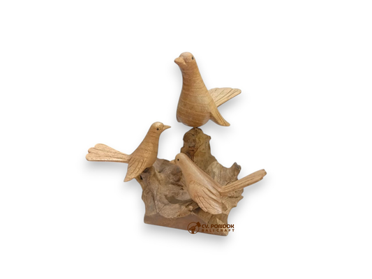 Hand-carved wooden bird family of three on rootwood, minimum 14 cm tall and 8 cm wide