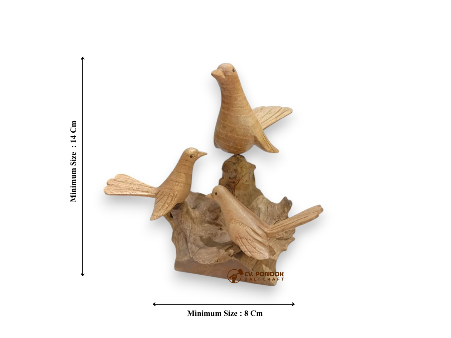 Hand Carved Wooden Bird Family of Three on Rootwood