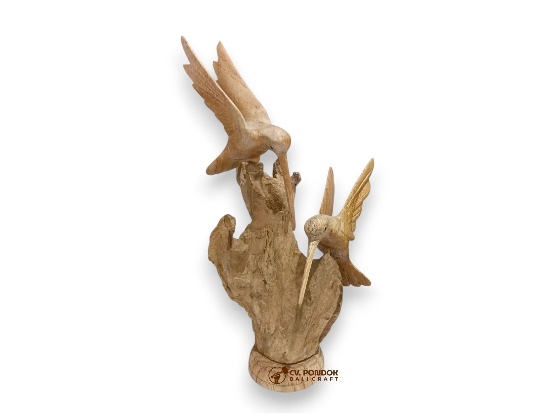 Hand-carved wooden hummingbird couple on natural rootwood base, minimum 21 cm tall