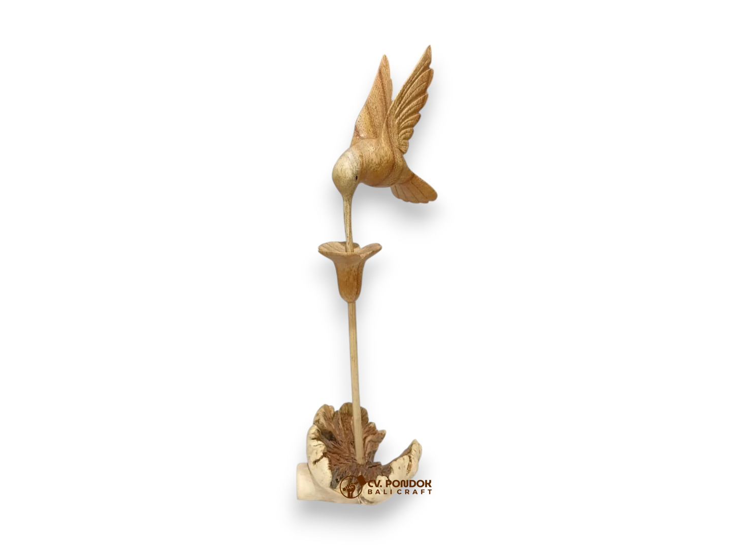 Hand-carved wooden hummingbird feeding from a flower, minimum 11 cm tall and 7 cm wide