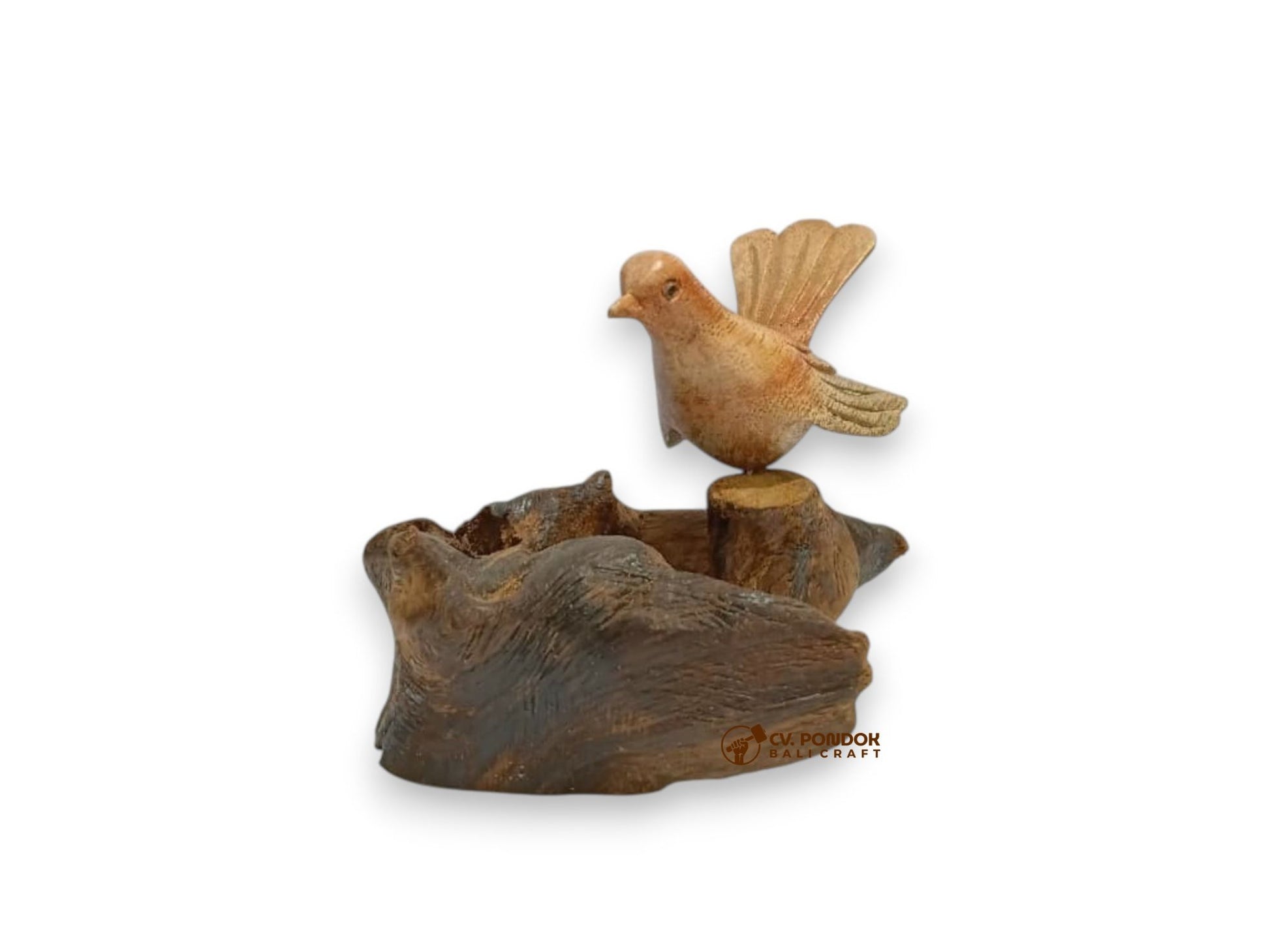 Small hand-carved wooden bird figurine on natural rootwood base, minimum 7 cm tall