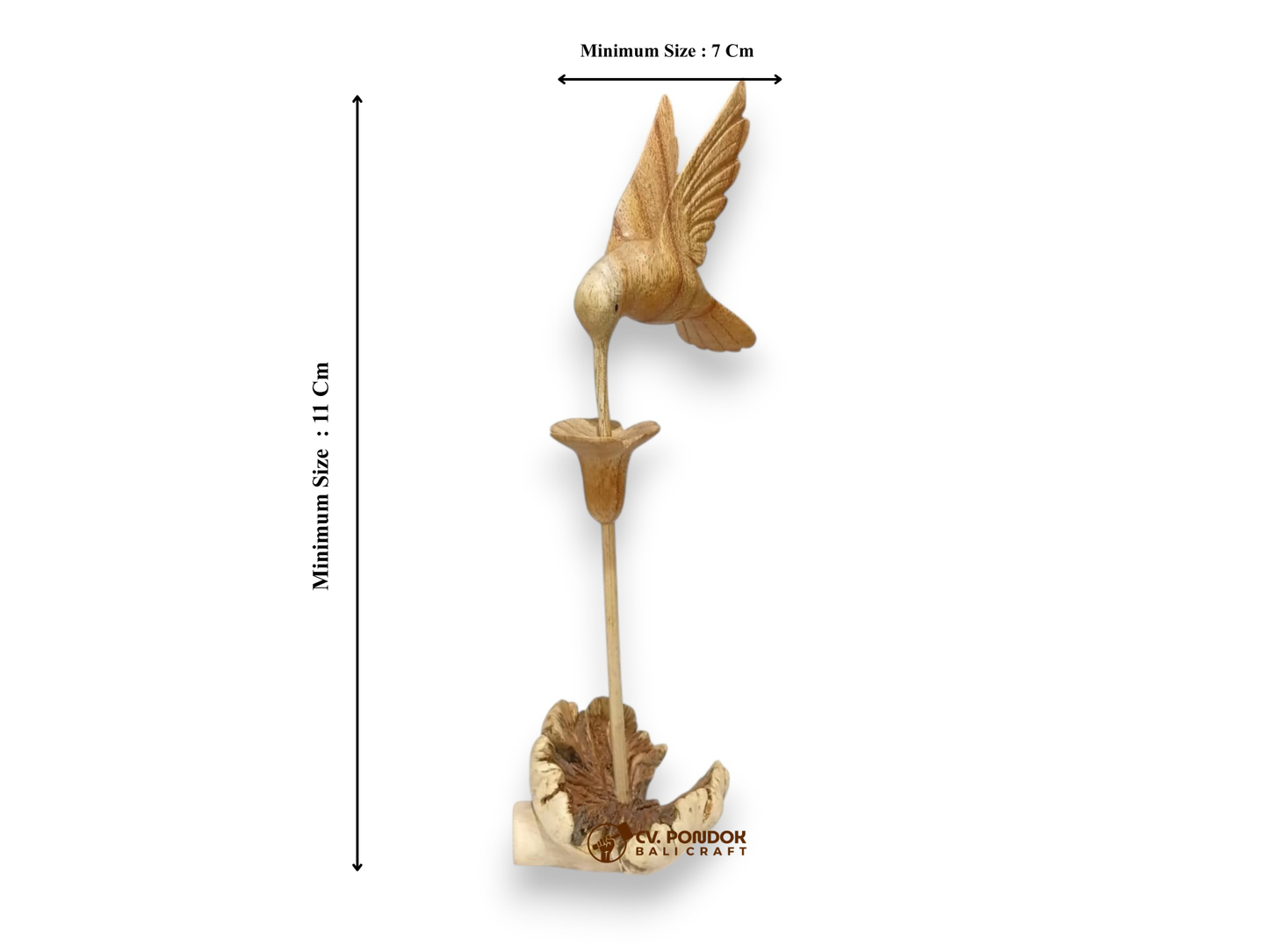 Hand Carved Wooden Hummingbird Feeding from Flower Sculpture