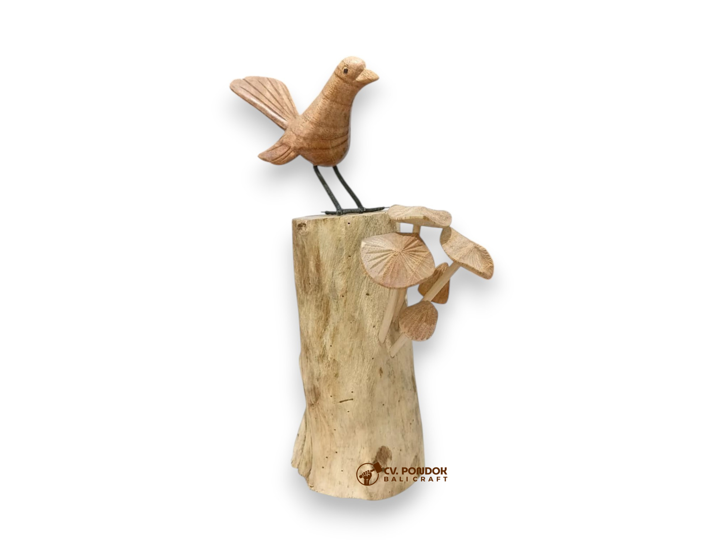 Hand-carved wooden bird with mushroom cluster on rootwood, minimum 26 cm tall