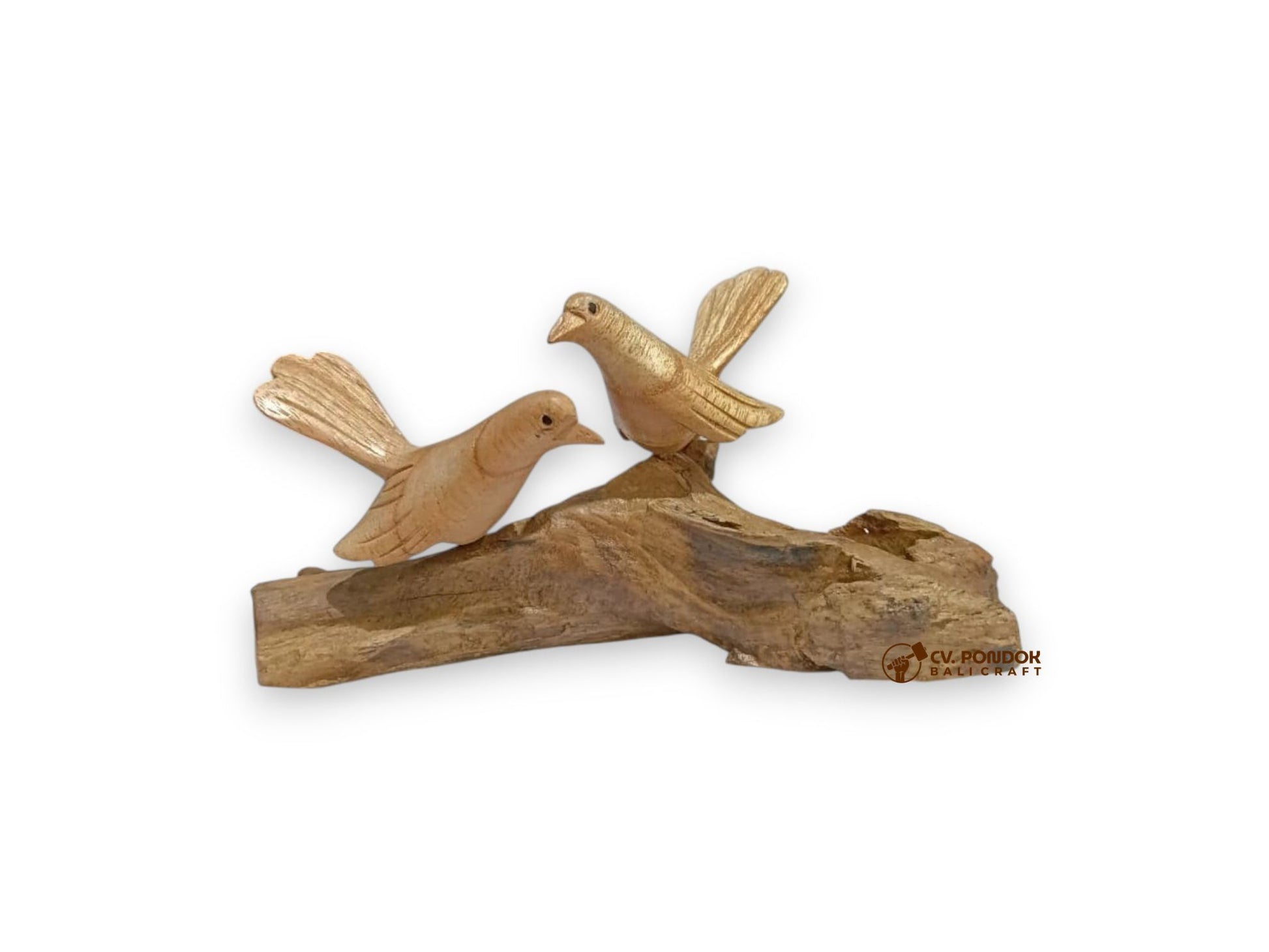 Hand-carved wooden bird couple on natural rootwood base, minimum 16 cm wide